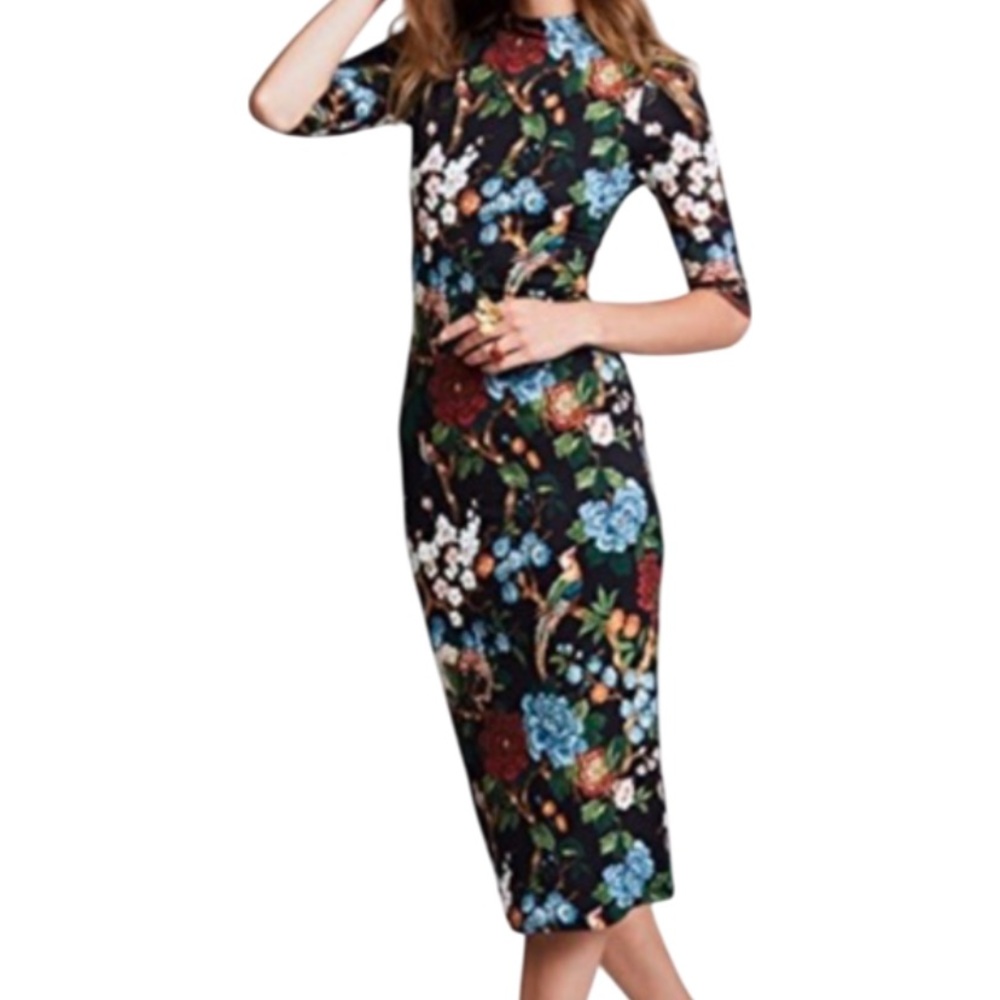 Alice + Olivia Black and Blue Bodycon Dress Mock Neck 3/4 Sleeve